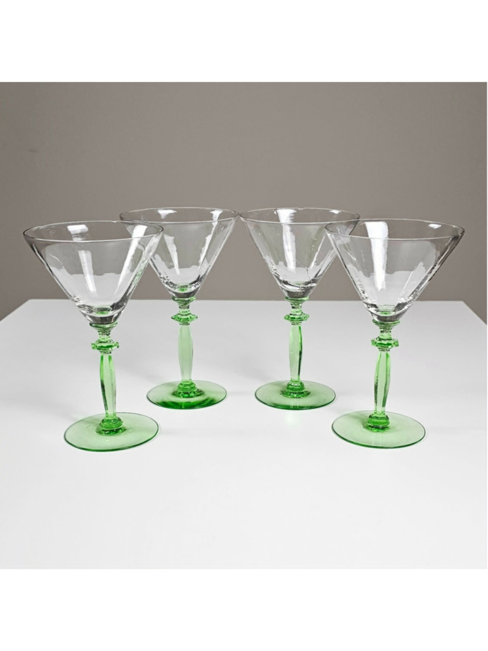 Elegant Green Uranium Stem Cocktail/Martini Glasses Set of 4 As-Is / Crafts